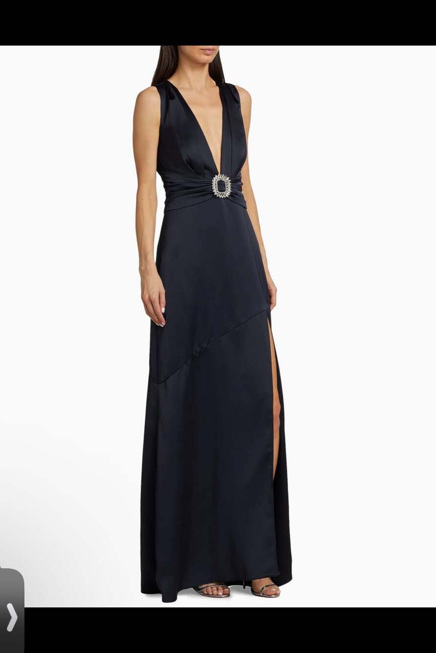 Ramy Brook Black Satin Plunging Maxi Dress with Rhinestone Buckle
